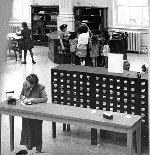 Interior of an old library in black and white