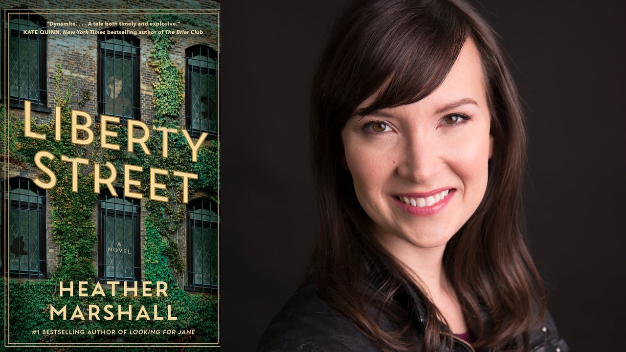 default-383 A book cover featuring a woman peering out of a vine-covered building, with a headshot of a woman with brown hair.