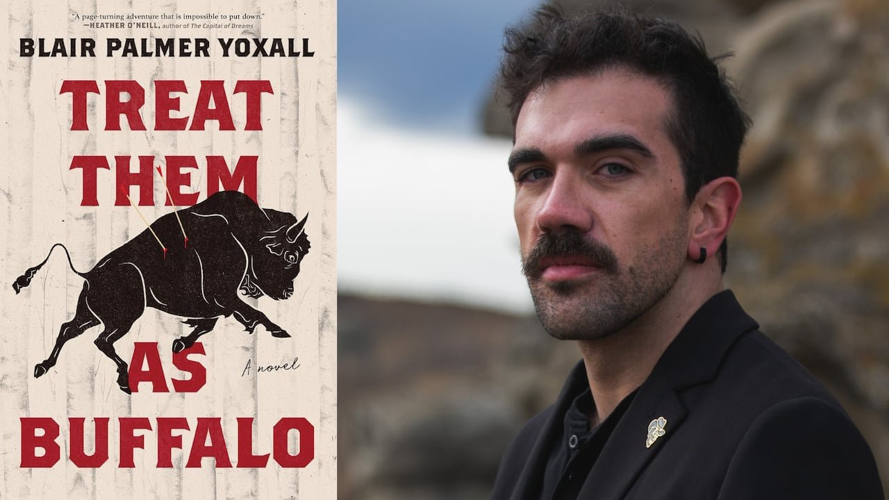 Book cover showcasing a buffalo silhouette and author portrait of a man with dark hair and a mustache.